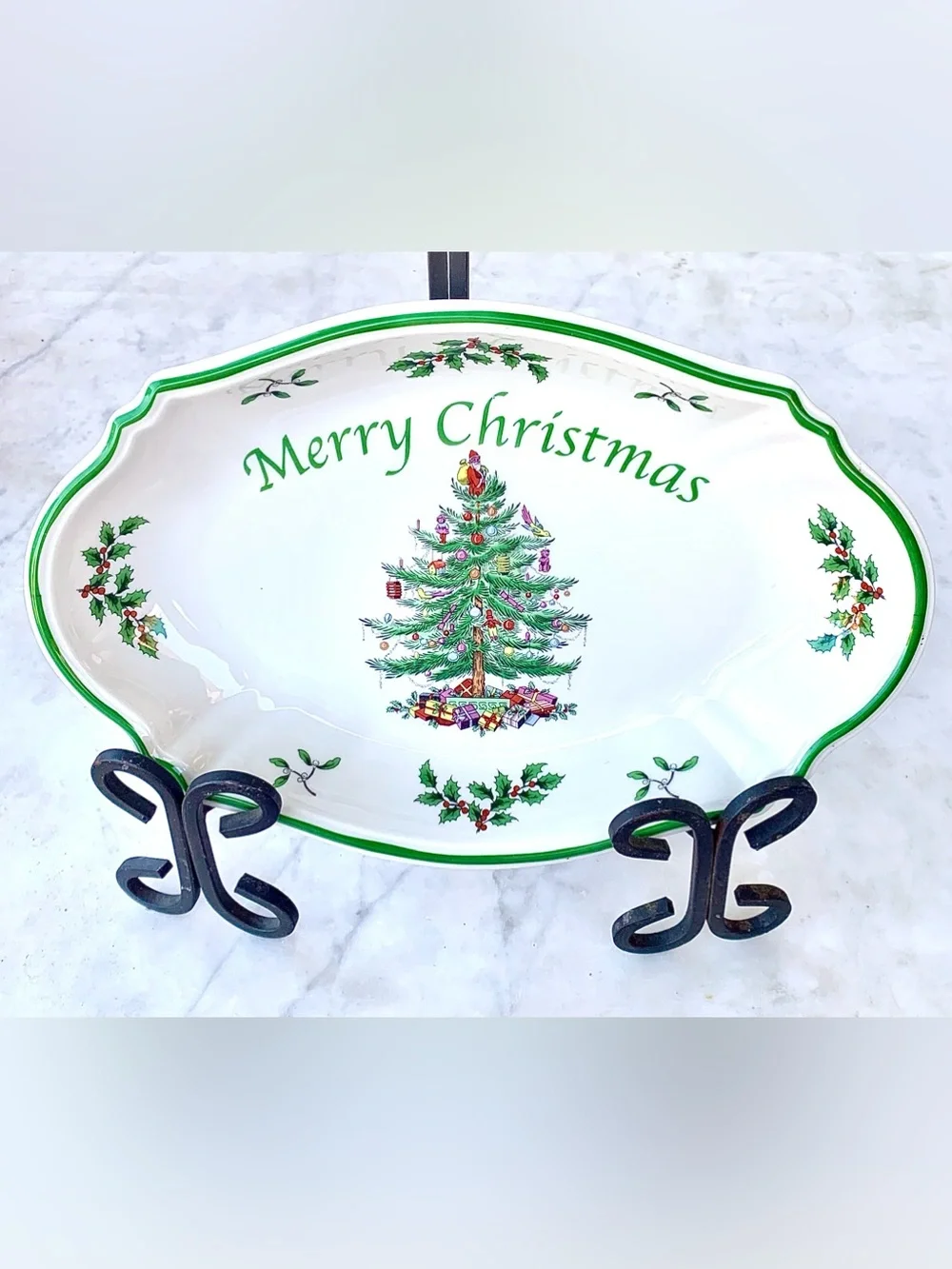 SPODE CHRISTMAS TREE OVAL MERRY CHRISTMAS TRAY PLATTER NEW GREEN GIFTS TOYS